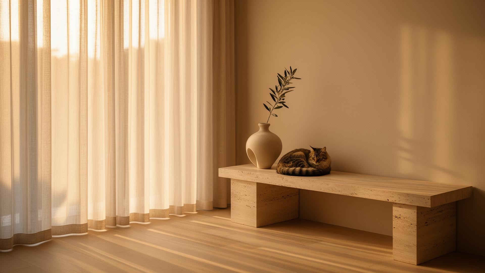 A calm modern living room with a resting cat at golden hour